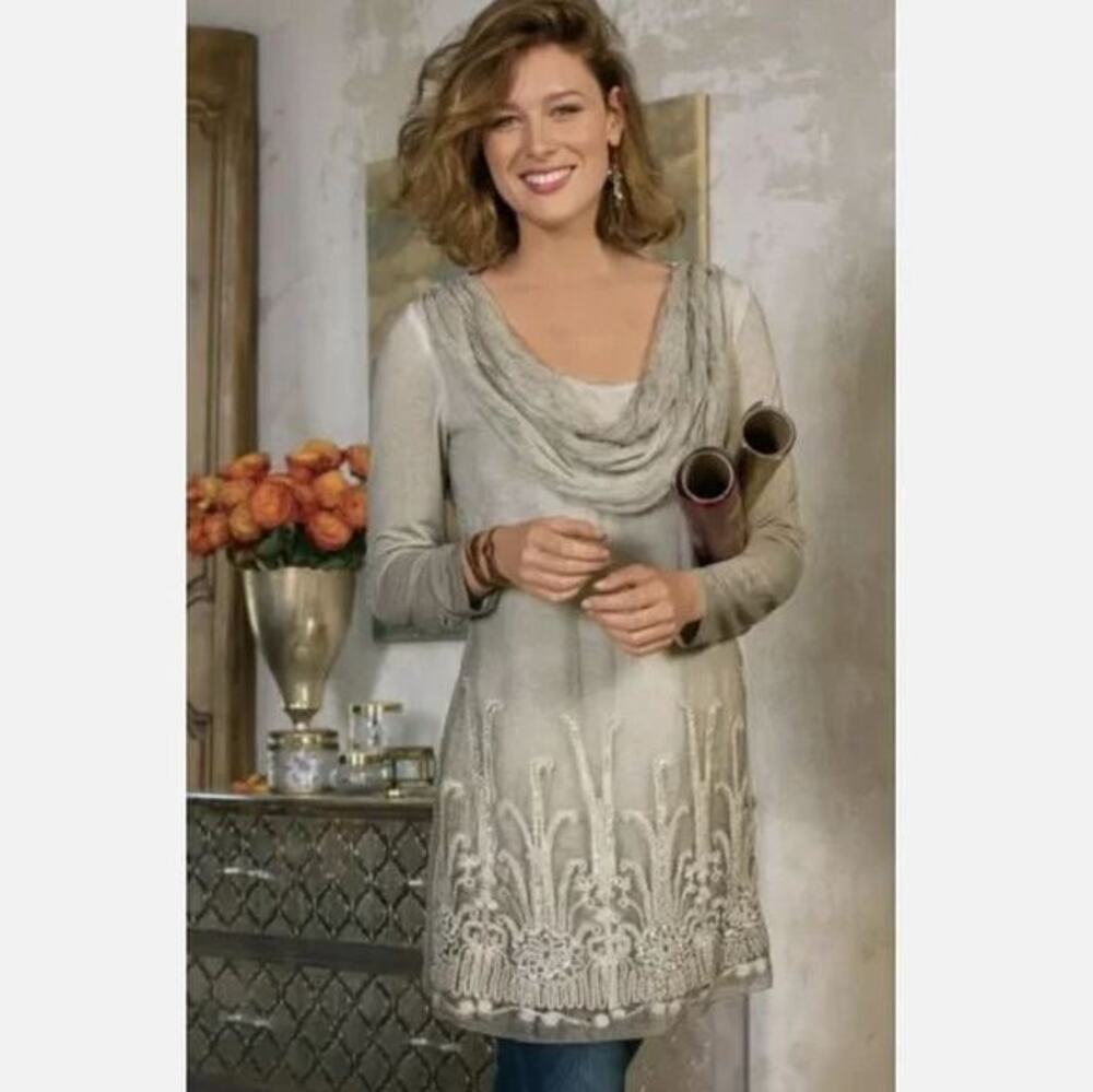 Soft Surroundings 100% Silk Crinkle Beaux Arts Tunic Top Gray Womens Size Small